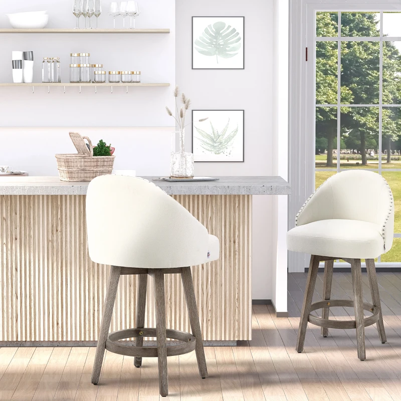 HOMCOM 26" Counter Height Bar Stools, Linen Fabric Kitchen Stools with Nailhead Trim, Rubber Wood Legs and Footrest for Dining Room, Counter, Pub, Set of 4, Cream White