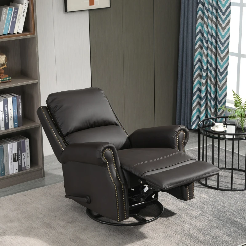 HOMCOM Manual Recliner Chair PU Leather Office Home Theater Single Sofa with Arm, Footrest, Nailhead Trim Padded Seat, 360° Swivel and Rocking Function for Living Room Bedroom Brown