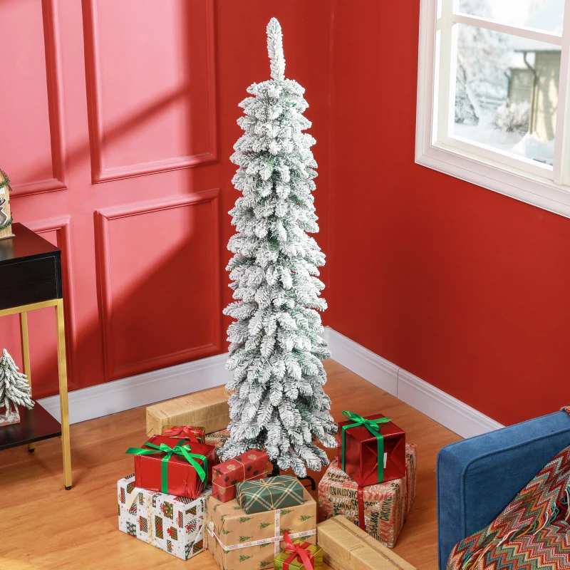 HOMCOM 5' Tall Unlit Slim Pencil Xmas Tree, Snow-Flocked Artificial Christmas Tree with Realistic Branches and 301 Tips, Green