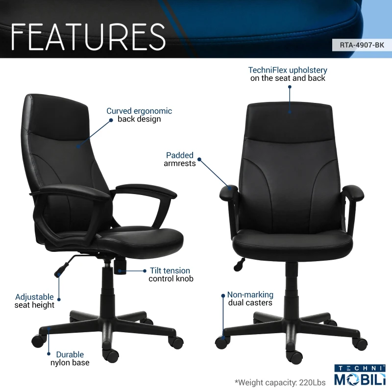 Cozy Office Chair with Flip-Up Arms and TechniFlex Upholstery, Flexible Racer Seat with Locking Tilt Control, 24.5″ L x 27.5″ W x 41″ H, Black