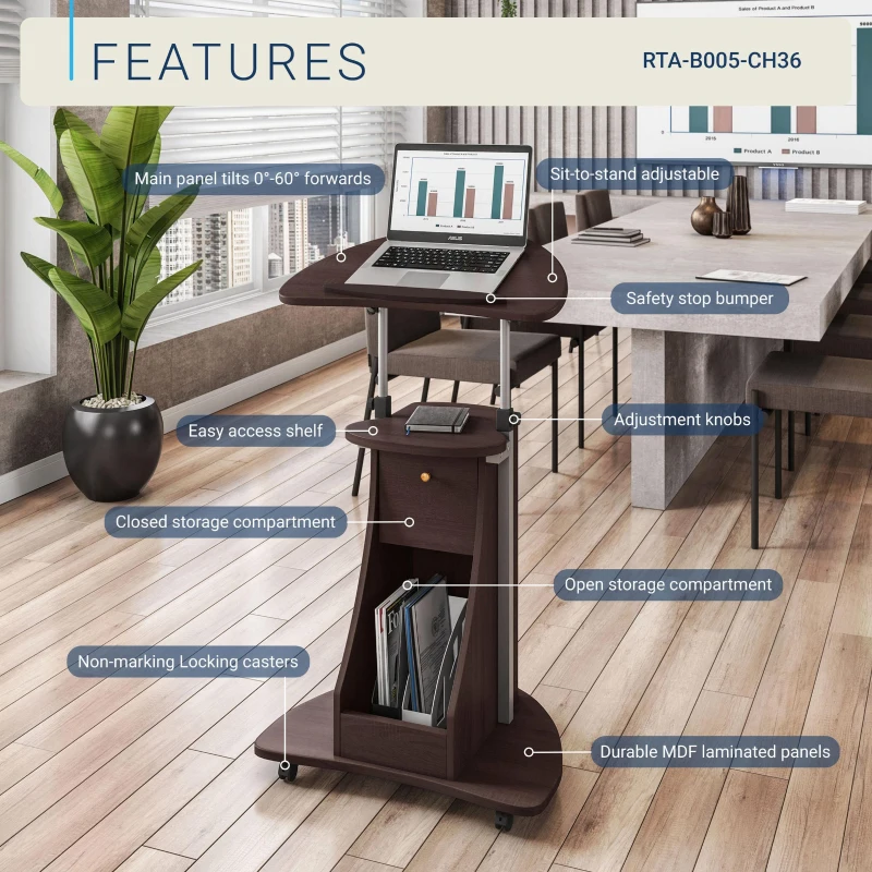 Ergonomic Sit-to-Stand Laptop Cart with Tilting Panel, Storage-Equipped Laptop Stand for Offices, 21.5″ L x 15.5″ W x 31.5″ H, Chocolate