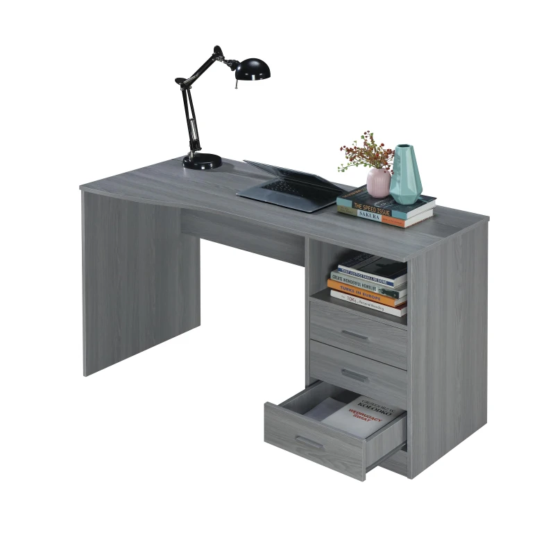 Classic Computer Desk with 3 Drawers and Side Shelf, Modern Contoured Workstation Table for Home Office Studio, 51" L x 23.5" W x 29.5" H, WengeGrey
