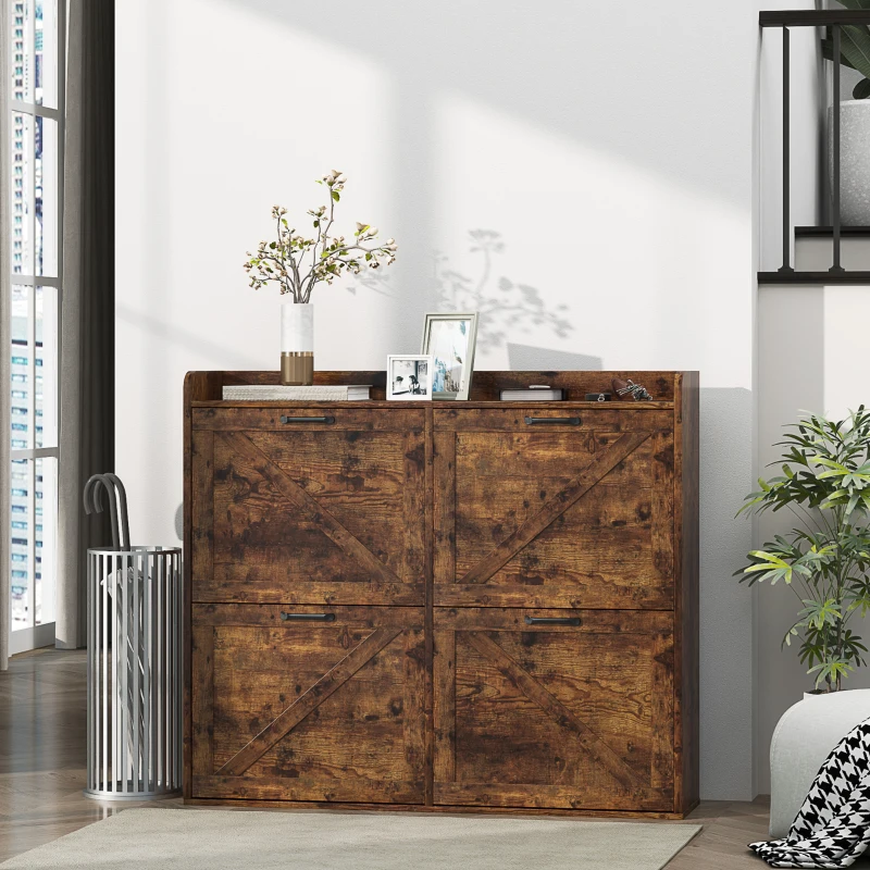 HOMCOM Narrow Shoe Storage Cabinet with 4 Flip Drawers, Adjustable Shelves, 16 Pair Farmhouse Shoe Cabinet, Rustic Brown