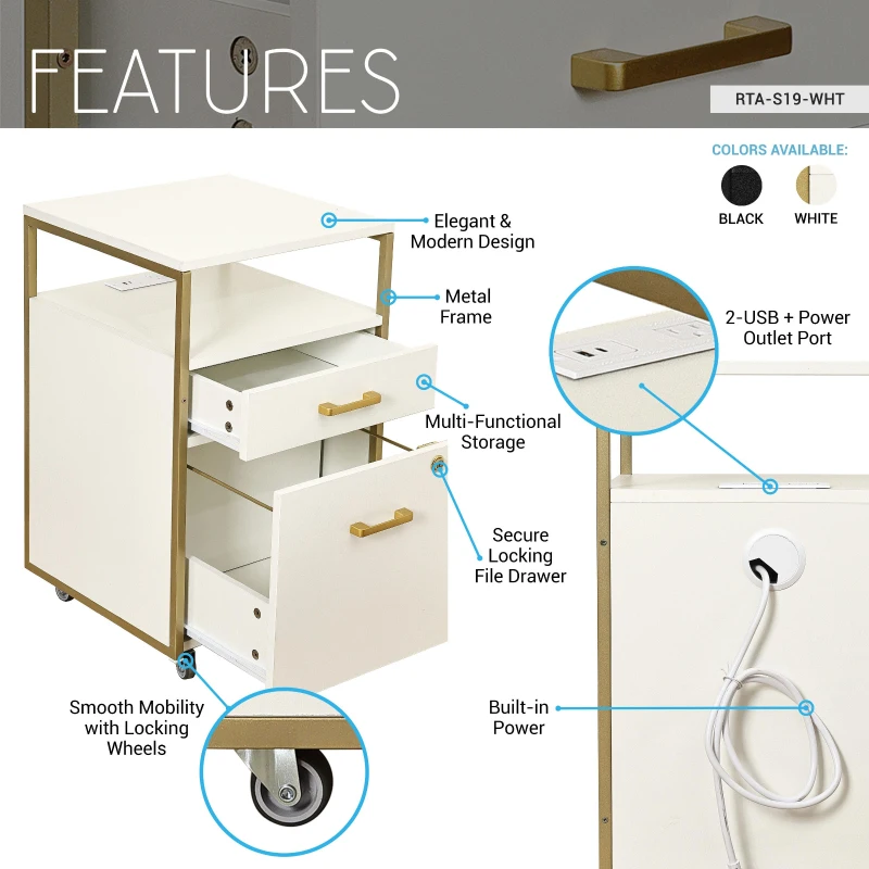 Modern File Cabinet with 2 USB and Power Outlet Port, Perfect Storage Unit for Home Offices or Workspaces, 15.5" L x 15.5" W x 26" H, White+Gold