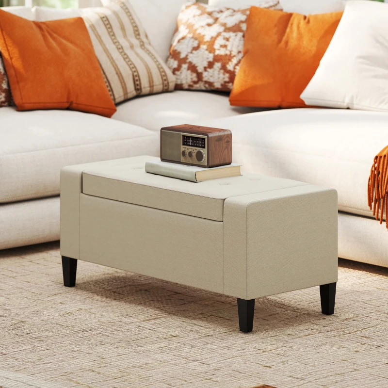 HOMCOM 36" Ottoman with Storage, Storage Ottoman Bench with Lift Top and Rubberwood Legs, Linen Upholstered Entryway Seat with for Living Room, Bedroom, Holds up to 330 lb, Beige