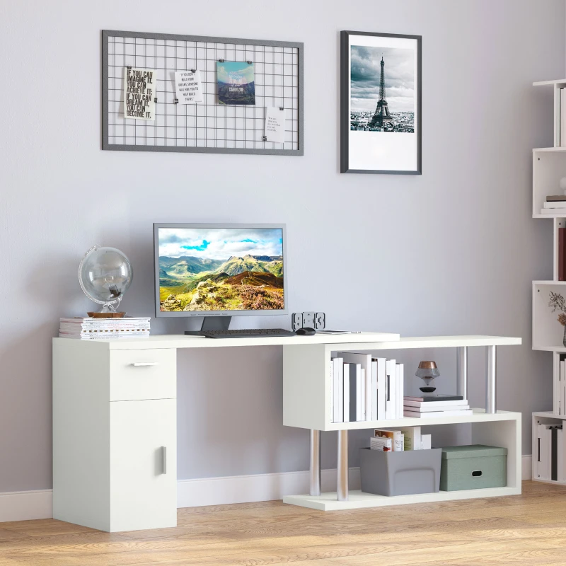 HOMCOM Rotating Computer Desk, 55" L-Shaped Desk, Corner Desk with Storage Shelves, Cabinet and Drawer for Home Office, White