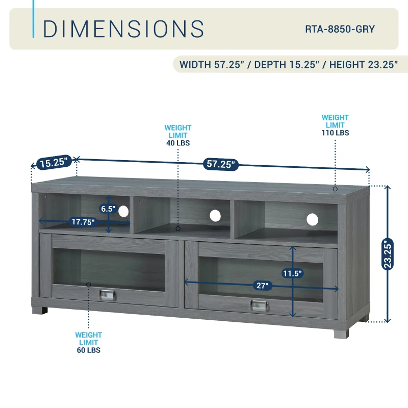 Sleek Durbin TV Stand with Glass Panel Cabinets and Cable Management, Modern Media Sideboard Cabinet for Living Room, 57" L x 15" W x 23" H, Grey