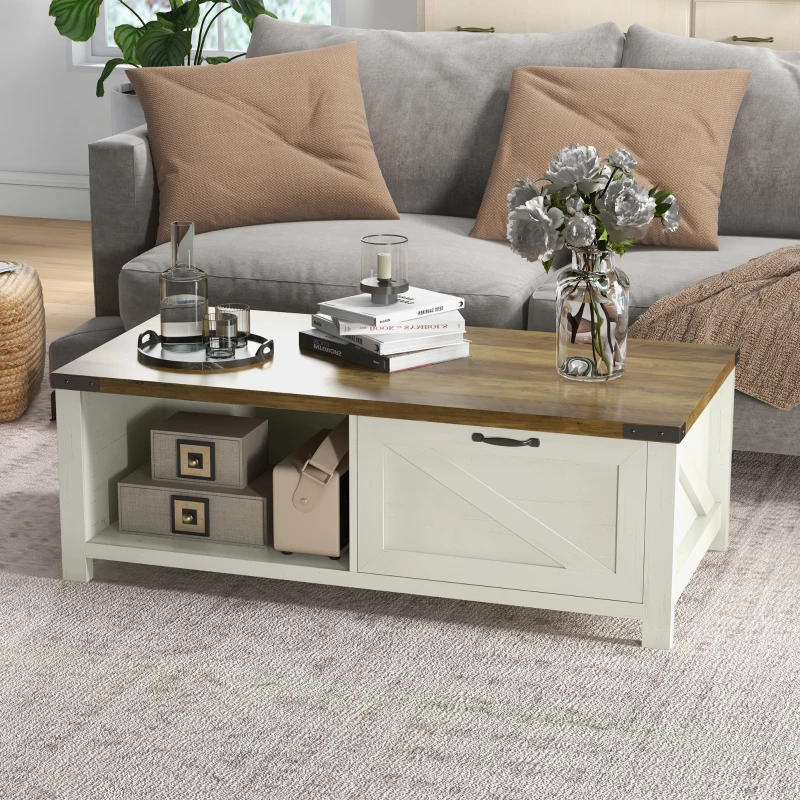 HOMCOM Farmhouse Coffee Table with Storage and Drawer, Rustic End Table for Living Room, Open Shelf, White