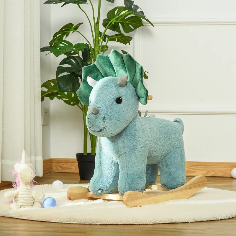 Qaba Kids Plush Ride-On Rocking Horse Triceratops-shaped Plush Toy Rocker with Realistic Sounds for Child 36-72 Months Green
