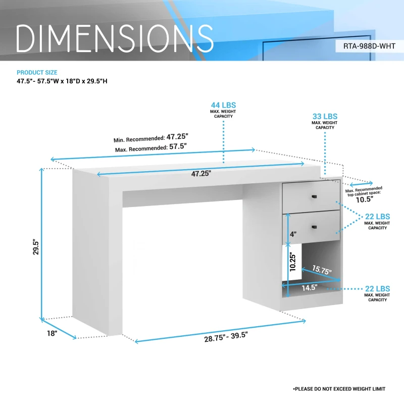 Sleek Expandable Desk with 2 Drawers and Open Bottom Shelf, Modern Home Office Computer Writing Table for Apartment, 47.5" L x 18" W x 29.5" H, White
