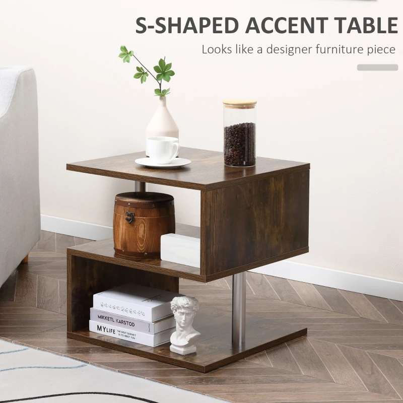 HOMCOM 20" Modern End Table, Accent Side Table, S-Shaped Coffee Table with Storage Shelf and Steel Poles, Rustic Brown