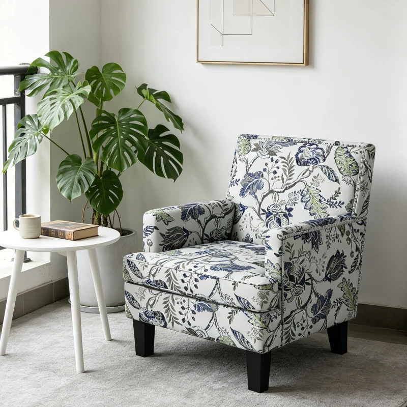 HOMCOM Upholstered Armchair, Mid-Century Accent Chair with Floral Pattern, Nailhead Trim for Living Room, Bedroom, Multicolour