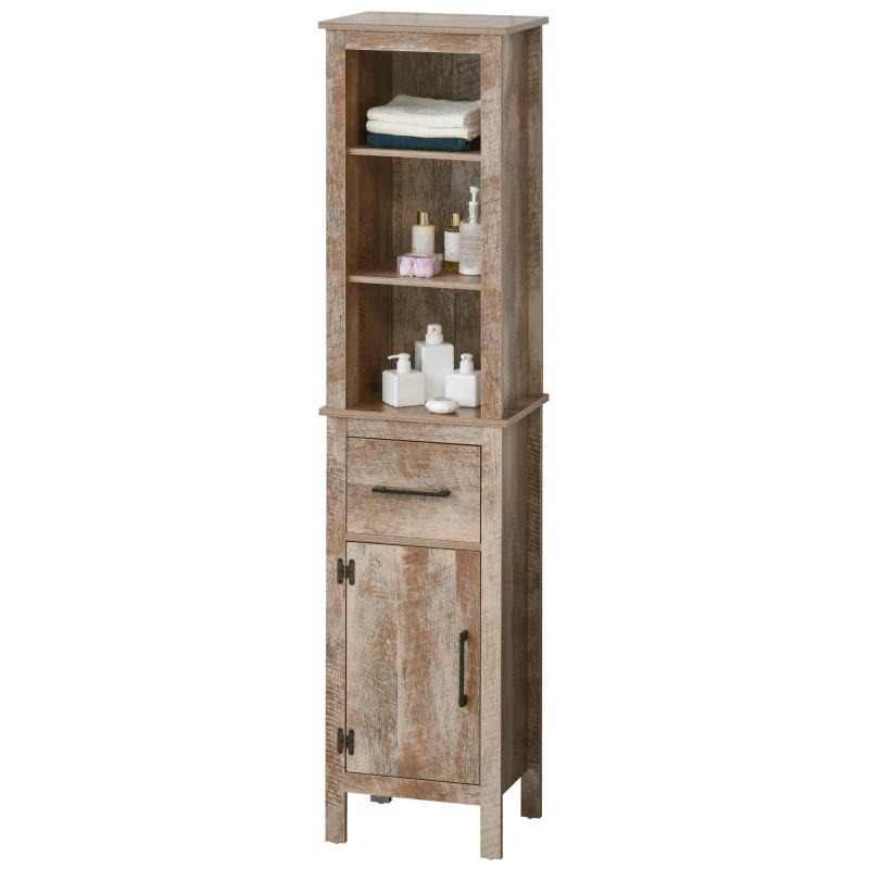 kleankin Tall Bathroom Storage Cabinet, Freestanding Linen Tower with 3-Tier Open Adjustable Shelves, and Drawer, Narrow Slim Floor Organizer