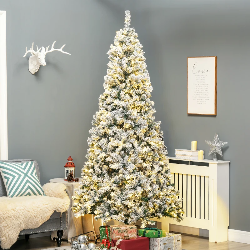 HOMCOM 7.5' Prelit Artificial Flocked Christmas Trees, with Snow Frosted Branches, Warm White LED Lights, Auto Open