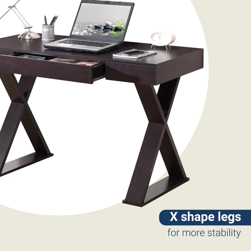 Trendy Writing Desk with Center Storage Drawer and X-Shaped Legs, Modern Home Office Computer Desk for Workspace, 47" L x 22" W x 30" H, Espresso