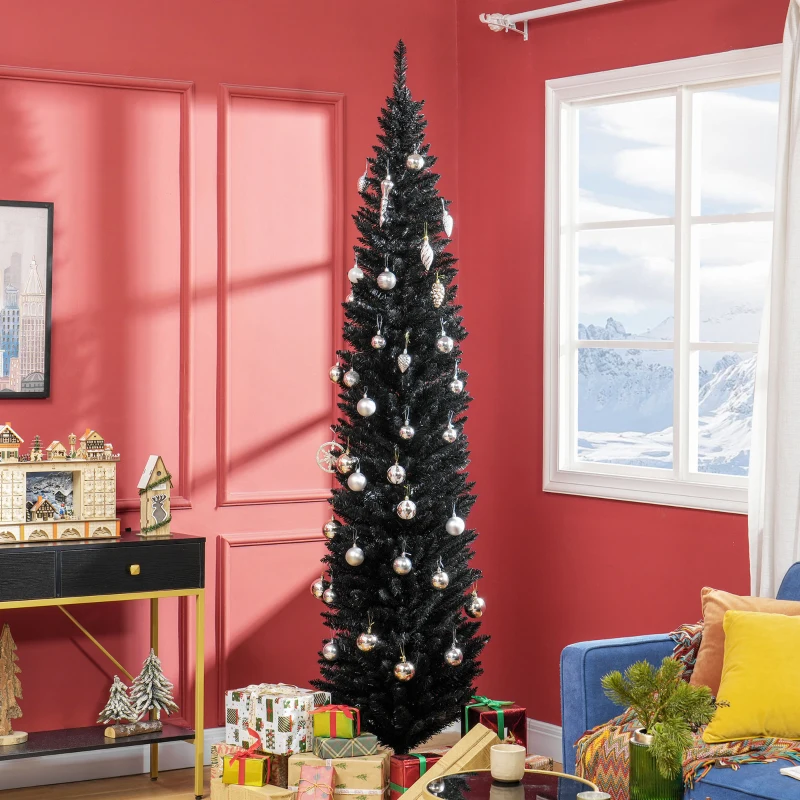HOMCOM 8ft Unlit Pencil Artificial Christmas Tree with Realistic Branches and 618 Tips, Plastic Base, Black