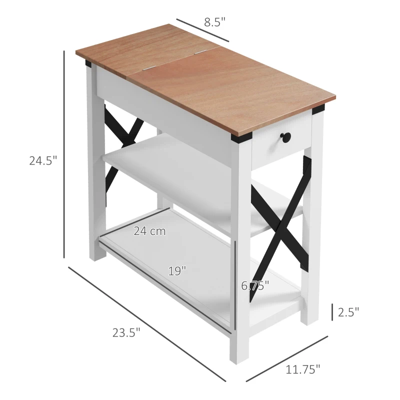 HOMCOM End Side Table with Charging Station, 2 USB Ports and 1 Outlet for Living Room, Bedroom, 11.75" x 23.5" x 24.5", White