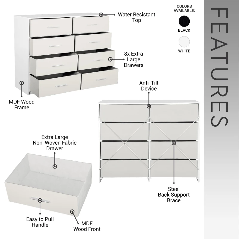 Roomy 8-Drawer Dresser with Water-Resistant Top, Ideal Storage Chest for Bedrooms, Living Rooms, TV Stand, 44.5" L x 16" W x 34.5" H, White