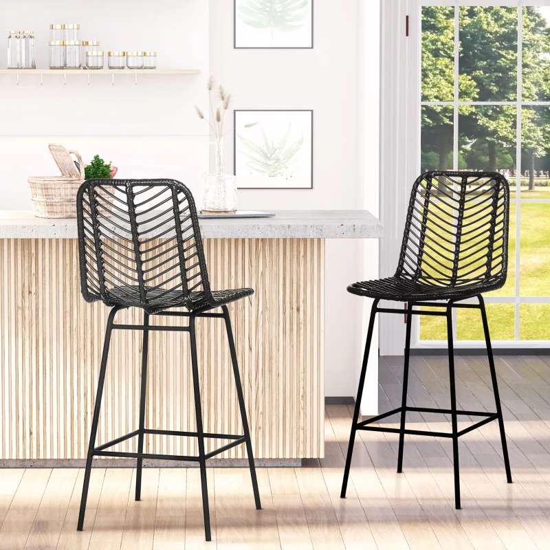 HOMCOM Set of 2 Rattan Barstools Wicker Counter Stools with Steel Legs and Footrest for Dining Room Kitchen Pub Black