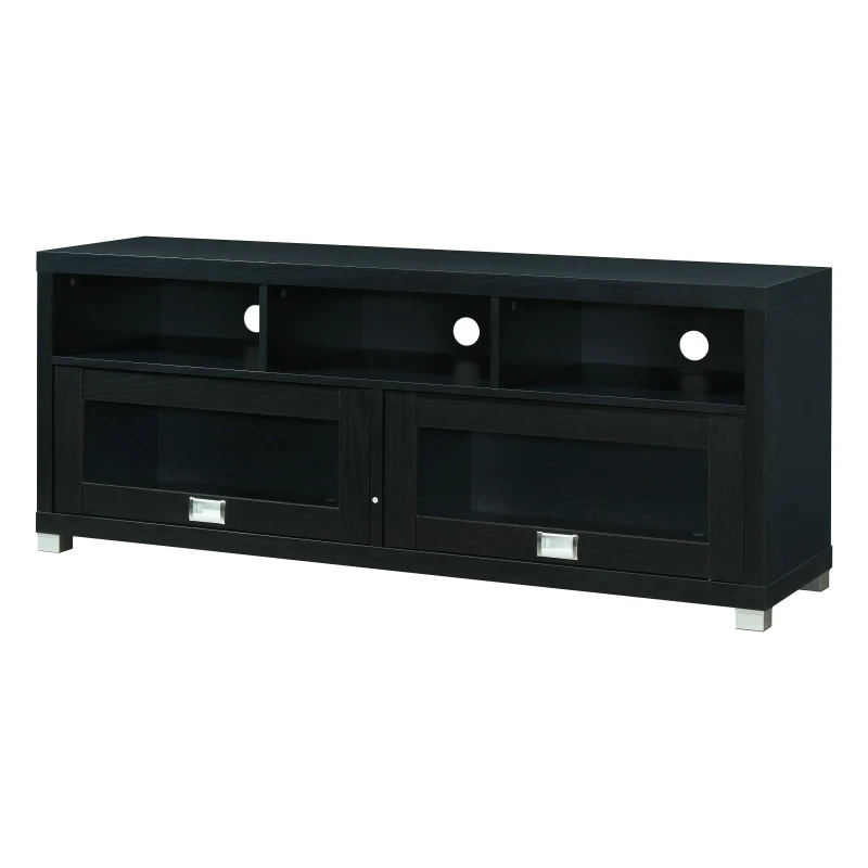 Sleek Durbin TV Stand with Glass Panel Cabinets and Cable Management, Modern Media Sideboard Cabinet for Living Room, 57" L x 15" W x 23" H, Black