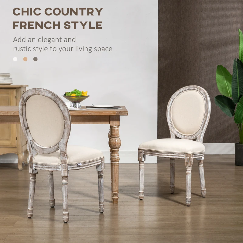 HOMCOM Vintage Armless Dining Chairs Set of 2, French Chic Side Chairs with Curved Backrest and Linen Upholstery for Kitchen, or Living Room, Cream White
