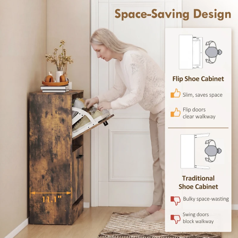 HOMCOM Shoe Cabinet 2 Flip Drawers Narrow Shoe Storage Unit Adjustable Dividers Entryway Hallway Rustic Brown