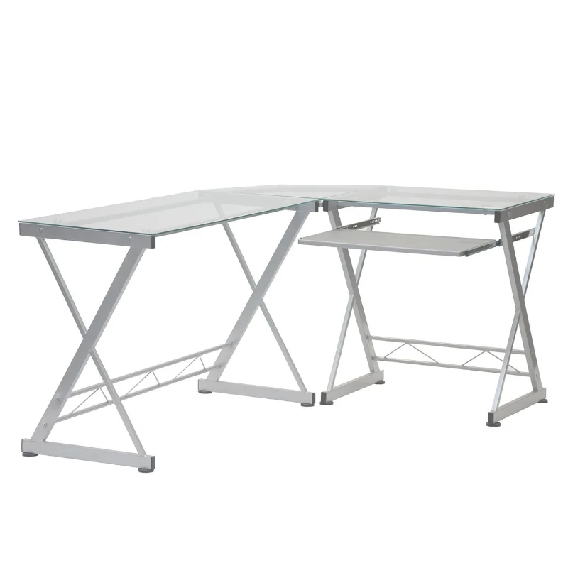 Sleek L-Shaped Computer Desk with Tempered Glass Top, Reversible Corner Workstation Table for Home Office, 61.5" L x 45" W x 29.5" H, Clear