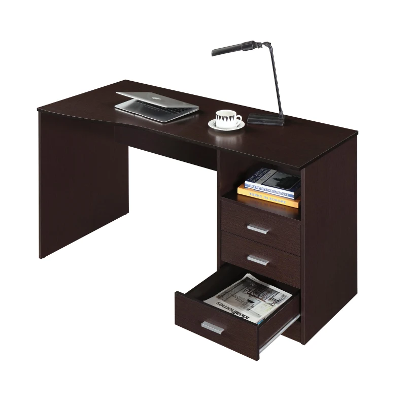 Classic Computer Desk with 3 Drawers and Side Shelf, Modern Contoured Workstation Table for Home Office Studio, 51" L x 23.5" W x 29.5" H, Wenge
