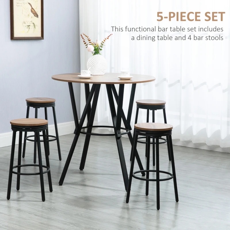 HOMCOM Industrial Bar Table and Chairs Set of 5, Round Dining Table & 4 Stools with Swivel Seat for Pub, Kitchen, Light Brown