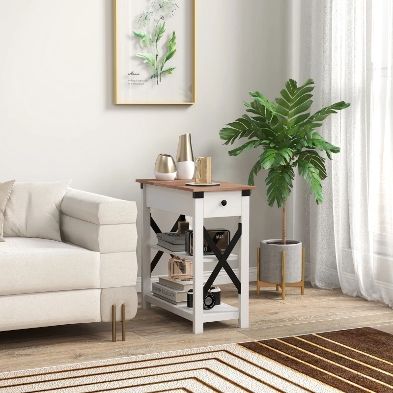 HOMCOM End Side Table with Charging Station, 2 USB Ports and 1 Outlet for Living Room, Bedroom, 11.75" x 23.5" x 24.5", White