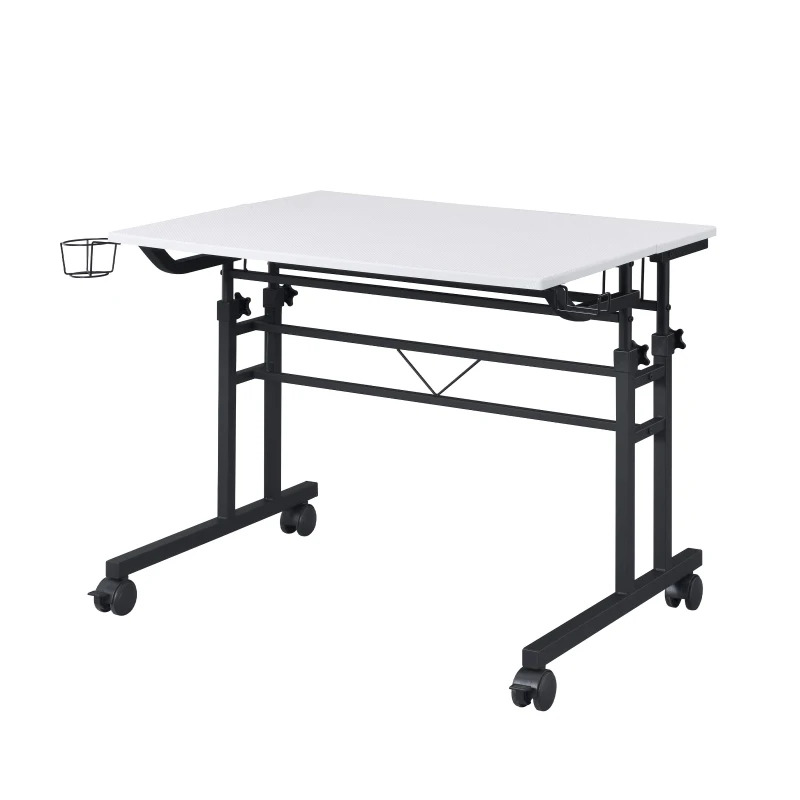 Mobile Writing Desk with Height Adjustment and Headphone Hook, Compact Worktable for Offices and Study Rooms, 35″ L x 23.5″ W x 28″ H, White