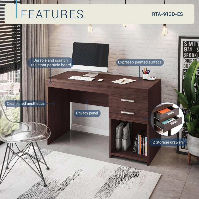 Sleek Espresso Workstation with Open Bottom Shelf, Modern Home Office Computer Writing Desk for Small Space, 47.5" L x 16" W x 30.5" H, Espresso