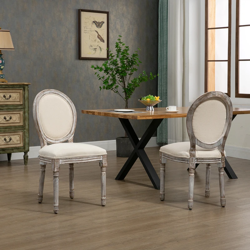 HOMCOM Vintage Armless Dining Chairs Set of 2, French Chic Side Chairs with Curved Backrest and Linen Upholstery for Kitchen, or Living Room, Cream White