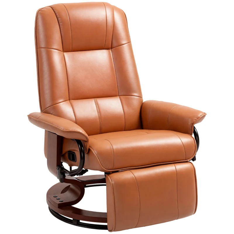 HOMCOM Faux Leather Recliner Chair, Swivel Recliner with Footrest, Armrest and Wood Base for Living Room, Light Brown