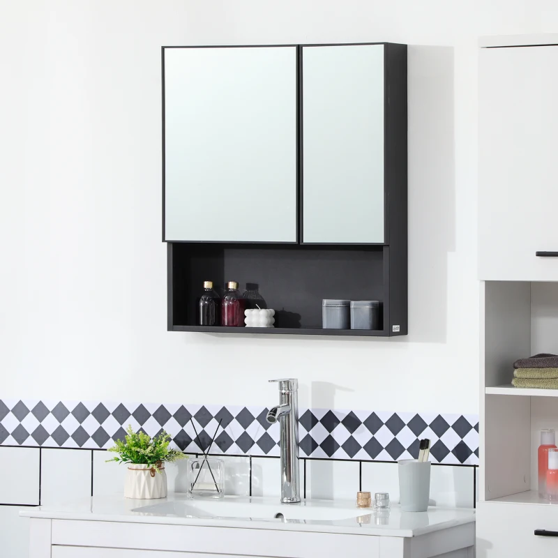 kleankin Wall-Mounted Medicine Cabinet, Bathroom Mirror Cabinet with Double Doors and Storage Shelves, Black