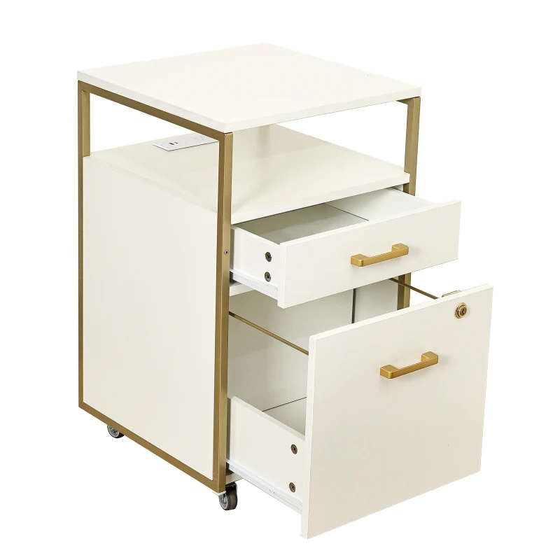 Modern File Cabinet with 2 USB and Power Outlet Port, Perfect Storage Unit for Home Offices or Workspaces, 15.5" L x 15.5" W x 26" H, White+Gold