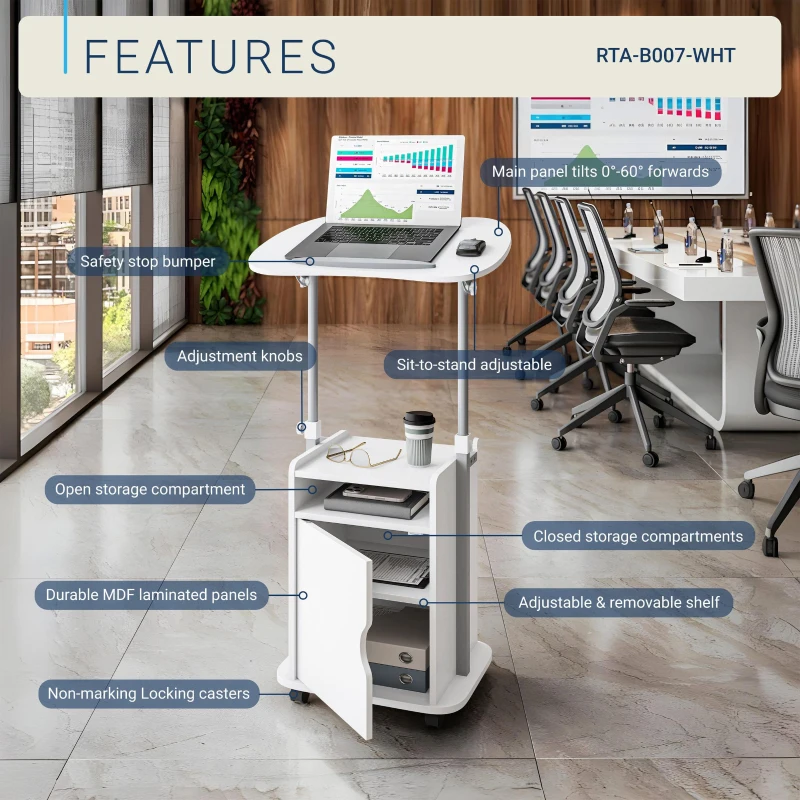 Practical Laptop Cart with Adjustable Tilting Panel, Mobile Workstation for Home Offices, Classrooms, or Bedside, 23.5″ L x 15.5″ W x 31.5″ H, White