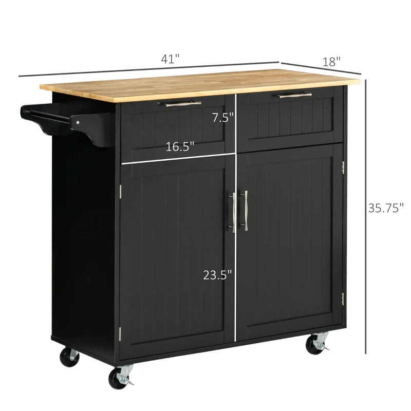 HOMCOM 41" Modern Rolling Kitchen Island on Wheels, Utility Cart Storage Trolley with Rubberwood Top & Drawers, Black