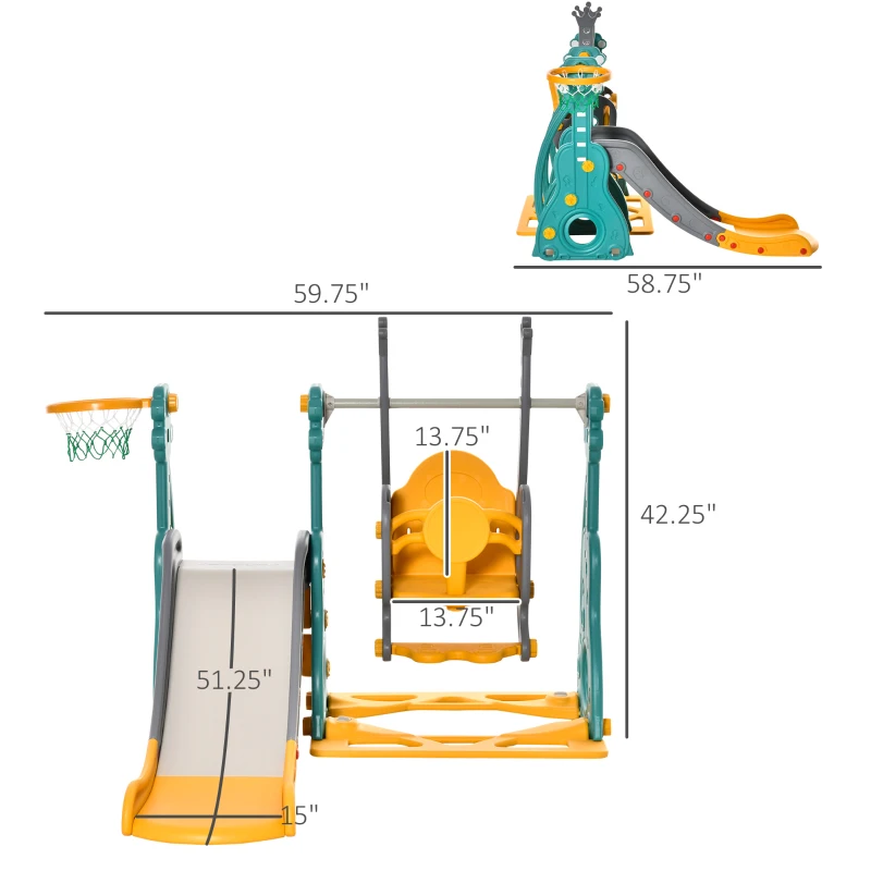 Qaba 4 in 1 Toddler Swing and Slide Set, Kids Slide for Aged 1.5-3 with Climber, Ultra-Safety, Basketball Hoop