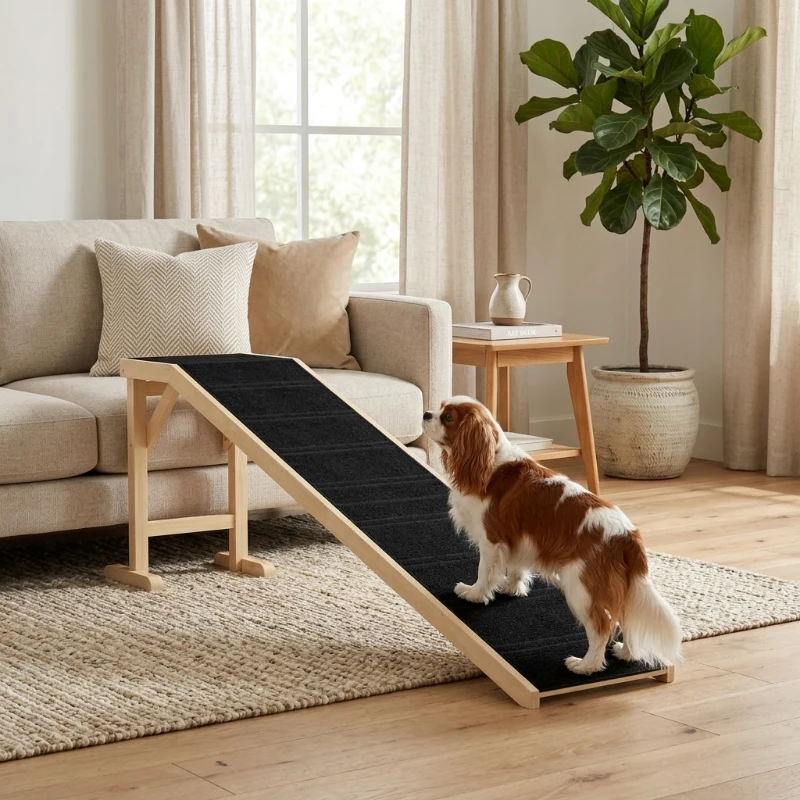 PawHut Dog Ramp for Bed, Pet Ramp for Dogs with Non-Slip Carpet and Top Platform, 74" x 16" x 25", Natural
