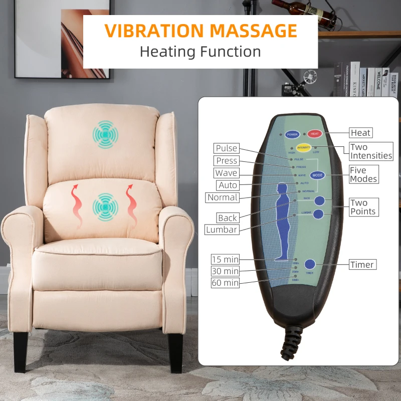 HOMCOM Vibration Massage Recliner Chair for Living Room with Heat,  Wingback Single Sofa, Modern Suede Fabric Push Back Reclining Chair with Footrest, Side Pocket, Beige