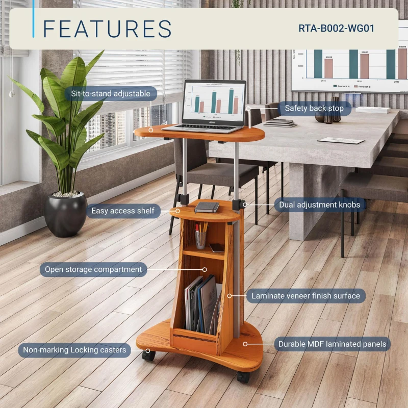 Adjustable Sit-to-Stand Laptop Cart with Dual Adjustment Knobs, Mobile Workstation for Offices, 21" L x 16″ W x 28″ H, Brown