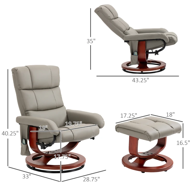 HOMCOM Massage Recliner Chair with Ottoman, Swivel Recliner and Footrest, Faux Leather Reclining Chair with Remote Control, 10 Vibration Point and Side Pocket, Gray