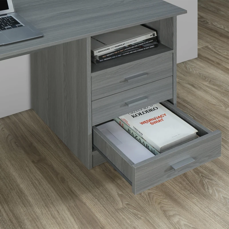 Classic Computer Desk with 3 Drawers and Side Shelf, Modern Contoured Workstation Table for Home Office Studio, 51" L x 23.5" W x 29.5" H, WengeGrey