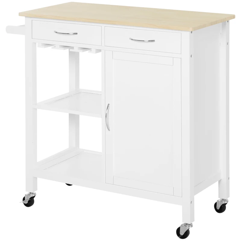 HOMCOM Kitchen Storage Trolley Cart Serving Cart 2 Drawers Wine Glass Rack Towel Rail