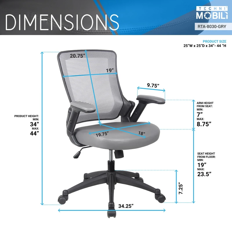Cozy Task Chair with Breathable Mesh Back and TechniFlex Upholstered Seat, Ergonomic Office Chair for Offices, 25" L x 25" W x 34" H, Gray