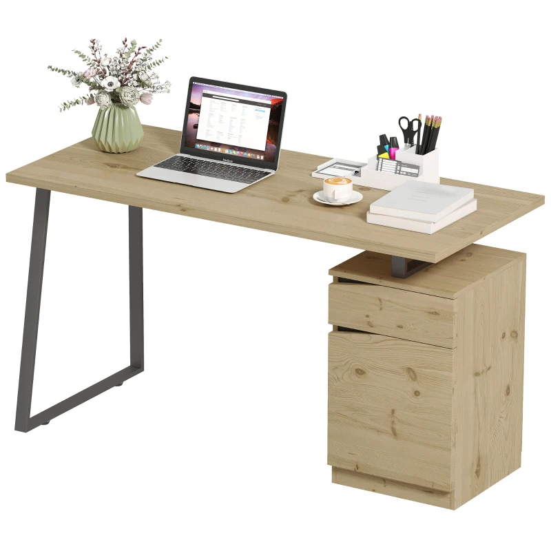 HOMCOM 53 Inch Computer Desk, Writing Table with Cabinet, Drawer, Adjustable Shelf for Home Office Study, Natural Wood