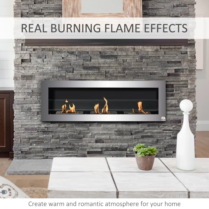 HOMCOM Ethanol Fireplace, 47.25" Wall-Mount 0.3 Gallon Steel 215 Sq Ft., Burns up to 3 Hours, Silver