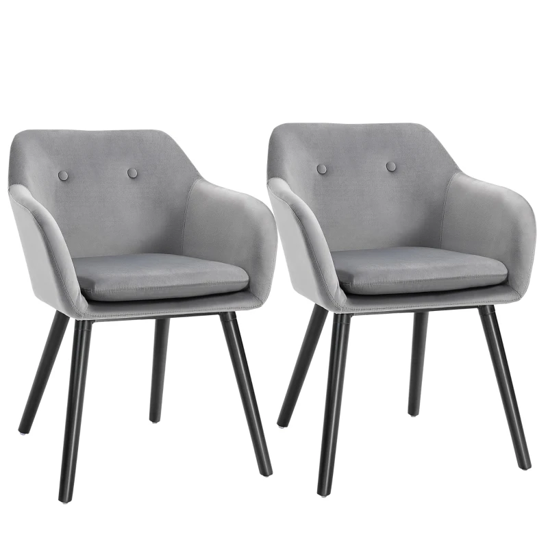 HOMCOM Modern Dining Chairs Set of 2, Kitchen Chairs Upholstered Fabric Velvet-Touch, Backrest and Armrests, Kitchen Counter Dining Room, Grey