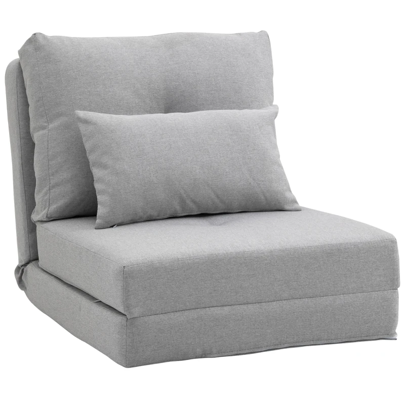 HOMCOM Folding Sofa Bed, Convertible Sleeper Chair with Adjustable Backrest, Metal Frame and Pillow, Upholstered Chair Bed Floor Sofa for Living Room Bedroom, Light Gray